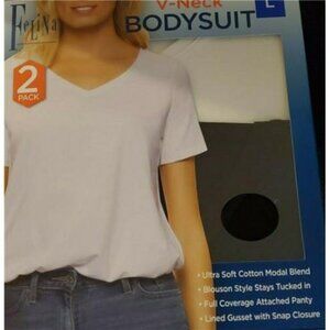 Felina Women's 2-Pk V-Neck Bodysuit Blouson Style Full (White/ Black, Small)